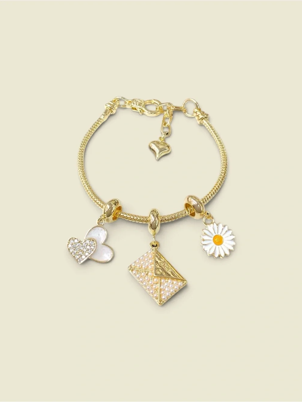 Goldfield -Tone Charm Bracelet – Hearts, Daisy & Envelo